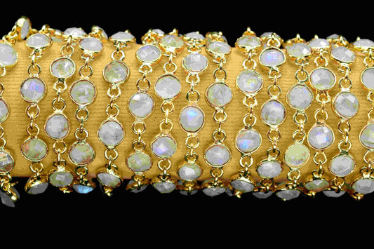 Rainbow Moonstone Bezel Chain Connector, Gold Plated Gemstone Chain, Bracelet Chain,Round Bezel Beads Rosary Chain,Rainbow Jewelry Connector