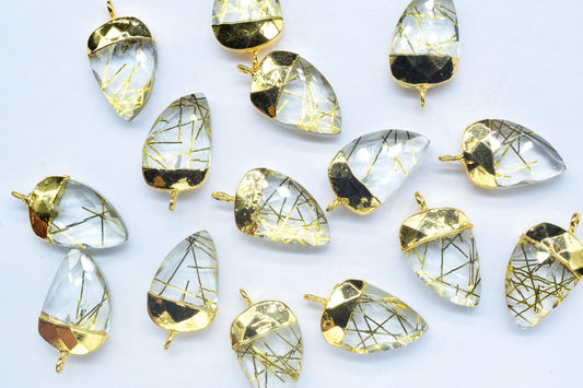 Gold Rutile Electroplated Pendant,horn shape Pendant Charm,Electroplated Pendant jewelry,Gemstone Component Pendan,Handmade Connector,Gift