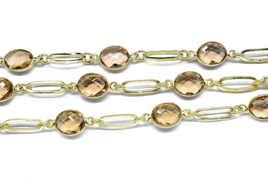 Smoky Quartz Gold plated Gemstone Link Chain,Smoky Gemstone Connector Rosary Chain , Linked Connector Chain, Wire Wrapped Bezel Beads Chain