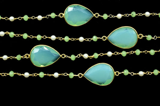 Chrysoprase Rosary Chain,Chrysoprase Bezel Link Chain,Pearl Rosary Chain,Chrysoprase Faceted Beaded Chain,Gemstone Bezel Chain,Gold Plated