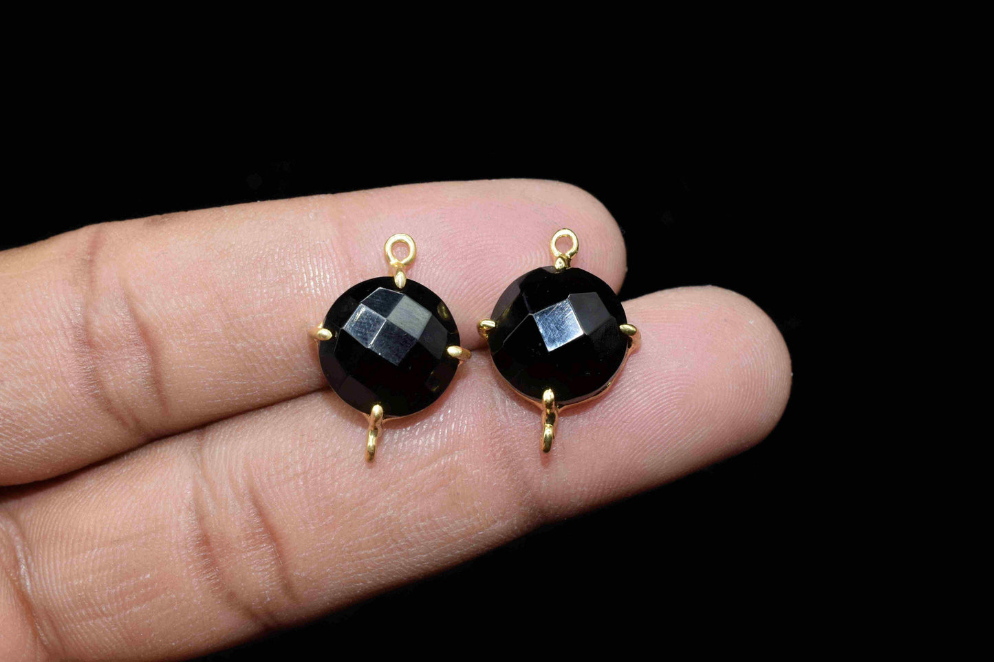 Black Onyx Prong Bezel Charms,Black Onyx double bail connector jewelry,Black Onyx Gemstone Pendant,Black Onyx Faceted 12mm round Shape Bezel
