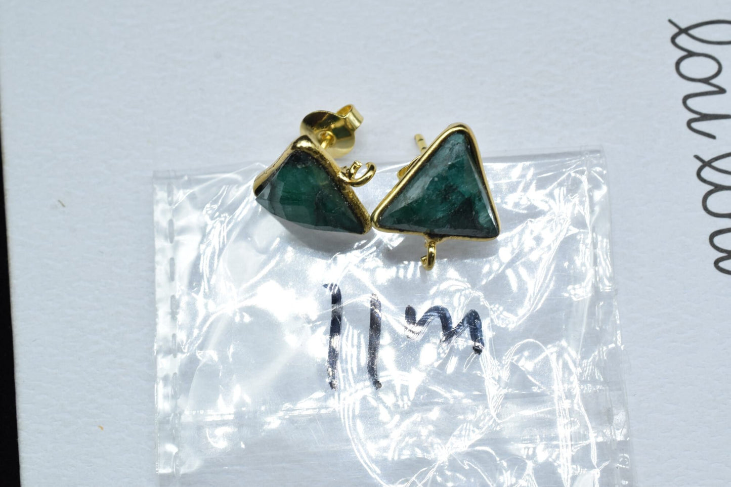 Natural Emerald 11mm Trillion Shape Connector Post Stud,Single Loop Gemstone Earring Connector,Emerald Earring connector,Emerald Studs