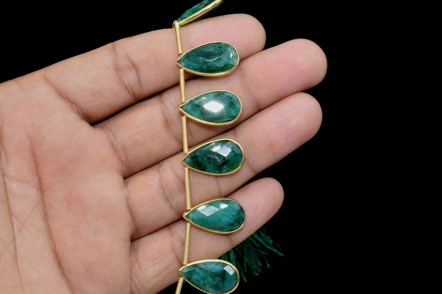 Emerald Side to Side Drilled chrams,Faceted Teardrop Gold Bezel Rim,pendant,earring findings,Emerald connector,Gemstone drilled bezel strand