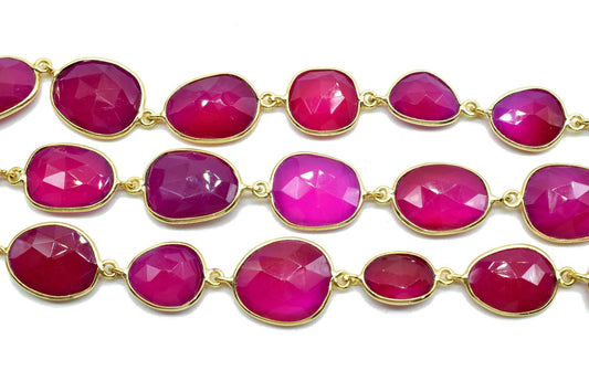 Hot Pink Chalcedony Gold Plated Bezel Connector Chain,Pink Chalcedony connector chain,Free shape bezel connector chain,Bezel Station Chains