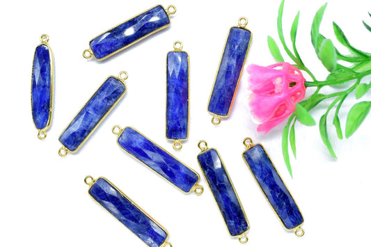 Blue sapphire 6x26mm Bezel Charm Pendant,Rectangle Shape Gold Plated bezel,Gold Vermeil Bezel, jewelry making charm,Gold-Filled bezel charm