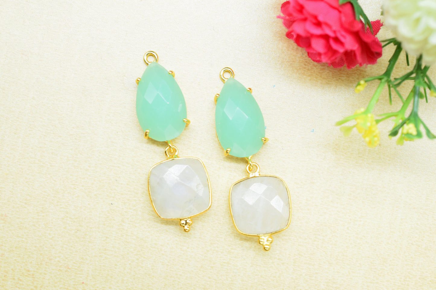 Aqua Chalcedony Bezel Connector/Station Bezel Link Pendant/Prong Bezel Jewelry/Handmade Jewelry/Rainbow Moonstone Pendant/Connector/Gift