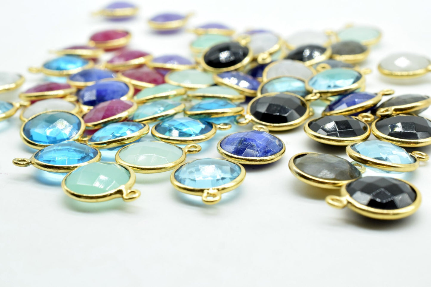 Sky Topaz 12mm Round charm,Brass Gold Plated bezel,Sky Topaz Pendant,Teardrop,Light Gold Bezel Trim Edge Faceted Gemstone,Sky Topaz charm