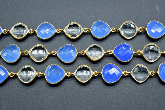 Blue chalcedony & Crystal Bezel Chain I Handmade Bezel Link Chain I Chalcedony Gold Plated Bezel Chain,,Gemstone Connector Chain Per Foot