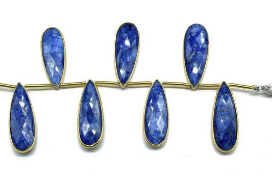Blue Sapphire 10x30mm Bezel charm 7 pieces strand,Brass Gold Plated bezel,Teardrop Light Gold Bezel Trim Edge Faceted Gemstone,bezel strands