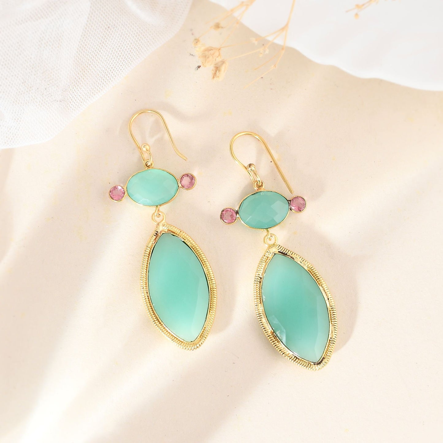 Natural Aqua Chalcedony Earring/Handmade Earring/Gold Plated Earring/Boho Earring/Bridal Jewelry/Women Earring/Pink Tourmaline Earring/Gift