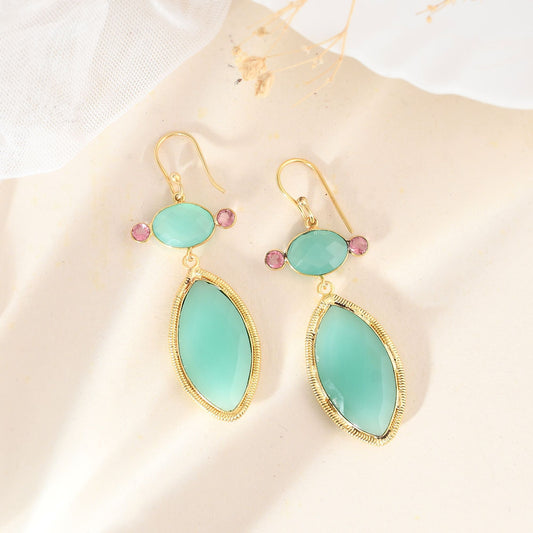 Natural Aqua Chalcedony Earring/Handmade Earring/Gold Plated Earring/Boho Earring/Bridal Jewelry/Women Earring/Pink Tourmaline Earring/Gift