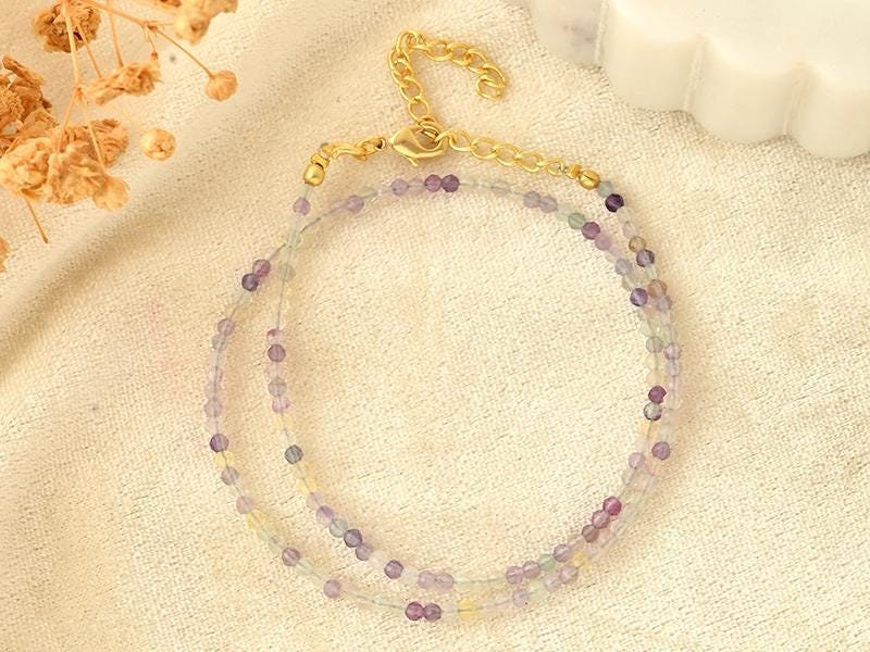 Tiny Rainbow Fluorite Gemstone Beaded Minimalist Choker, Dainty Gemstone Necklace, Waterproof Crystal Choker, Women Simple Style Choke