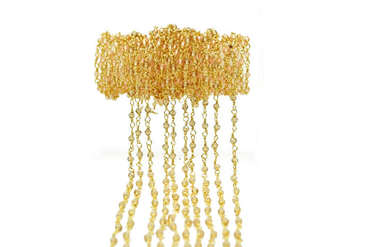 Smoky Quartz 2mm Beaded Chain,Smoky Quartz Rosary,Gold Plated Wire Wrap Chain,Brass chain,Jewelry Making Chain,Rosary,Smoky vermeil chain