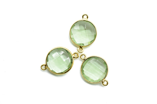 Green Amethyst 14mm Round Double bail connectors,Gold Plated bezel,Green Amethyst Pendant,February Birthstone Coin Links,Jewelry Findings