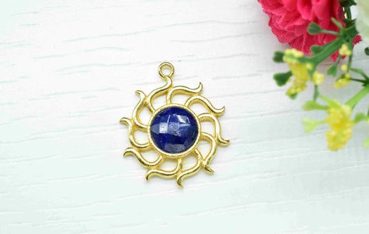 Sapphire Gemstone Component, Single Bail Charm , Sapphire Connector Pendant , Gold Plated Connectors , Earring Component