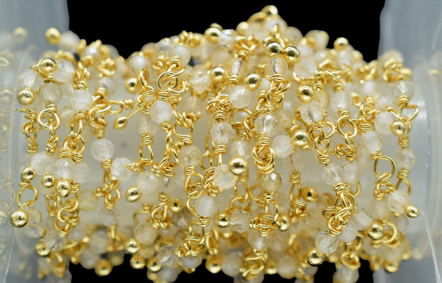 Golden Rutile 2mm Wire Wrapped Chain,Gemstone Chain,Gold Rutile Dangling Necklace Chain,Cluster Rosary Chain,Handmade Station Link Jewelry