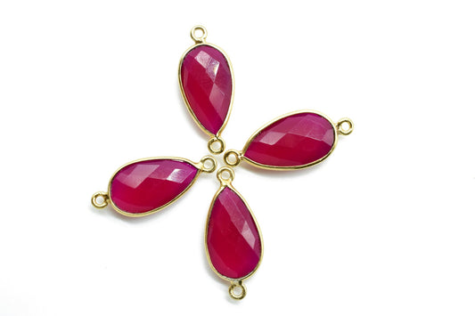 Pink chalcedony 10x18mm Pear shape double loop connectors,Checker Board cut Pink Chalcedony Pendant,Hot Pink charms,Fuchsia Pink Chalcedony