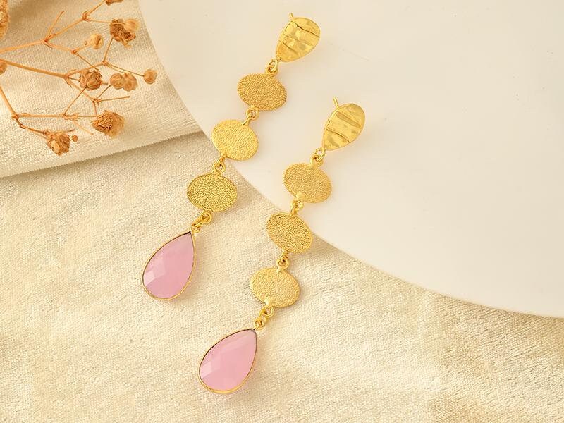 Rose Quartz Dangle Earring/Gold Plated Earring/Rose Quartz Plated Earring/Wedding Jewelry/Texture Gold Plated Earring/Long Earring/Gift