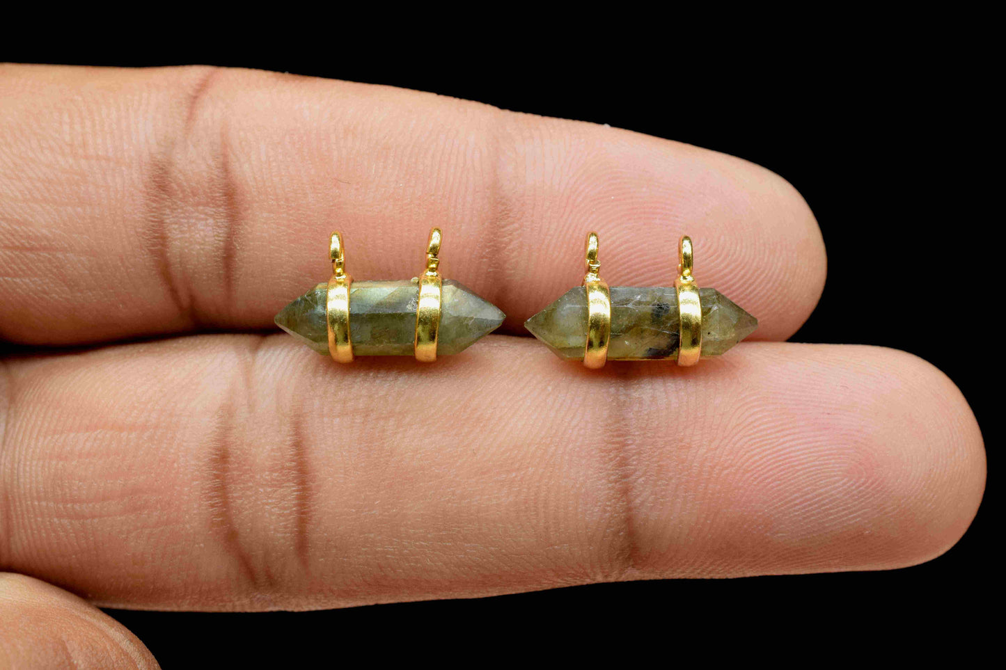 Labradorite 5x15mm Point Pendant,Labradorite Bullet Pendant,Gemstone Double Bail Necklace,Double Bail Pendant with Electroplated Gold Band