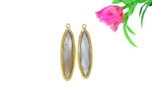 Chocolate Moonstone 7x34mm Marquise Shape Charms,Chocolate Moonstone Pendant,Moonstone Gold Plated bezel,Chocolate Moonstone Connector Bezel