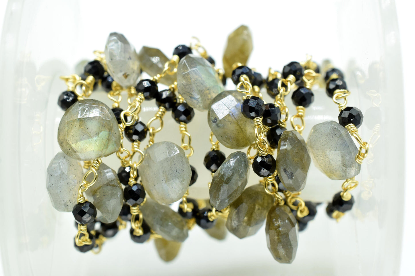 3-3.5 mm Black Rosary Chain,Black Onyx Faceted Beaded Chain,Wire Wrapped Silver Plated Chain,labradorite briolette rosary ,dual gemstone ,