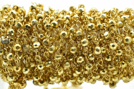Gold Pyrite 3mm Beaded Chain,Pyrite Wire Wrapped Chain,Pyrite Brass chain,Pyrite Jewelry Making Chain,Pyrite Beads rosary chain,Gold Pyrite