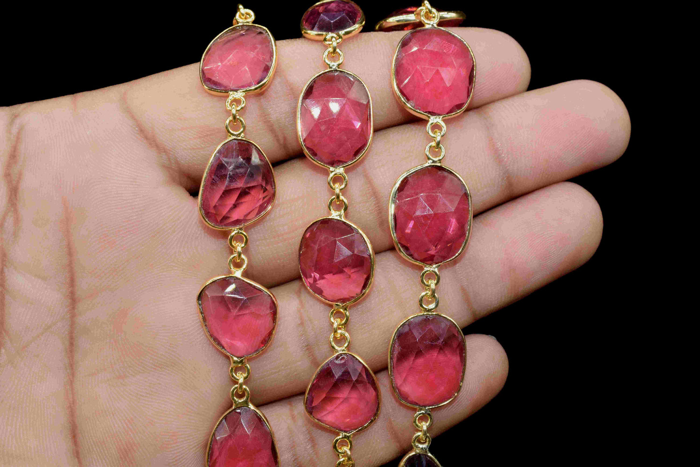 Pink Tourmaline Bezels Link Chain,Tourmaline Irregular Shape Bezels Chain,Gold Plated Gemstone Bracelet Bezels Chain,Tourmaline Quartz Chain