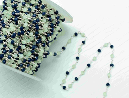 Blue Agate 3mm Beaded Chain,Multi Stone Beaded Rosary Chain,Aqua Quartz stone links,Handmade Jewelry Making Chain,Wire Wrapped Rosary Chain