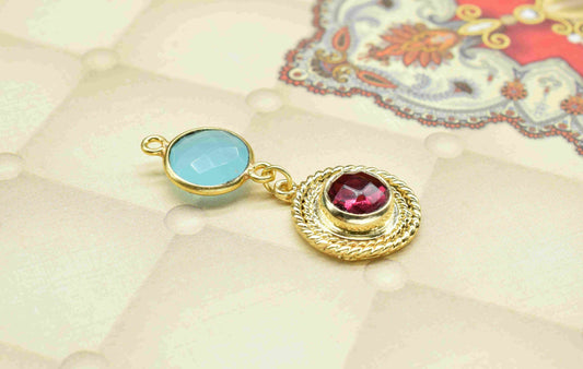 Aqua Chalcedony Pendant Charms , Pink Tourmaline Dangle Earring Component , Multi Gemstone Dangle Earring , Component Jewelry , B'day Gift