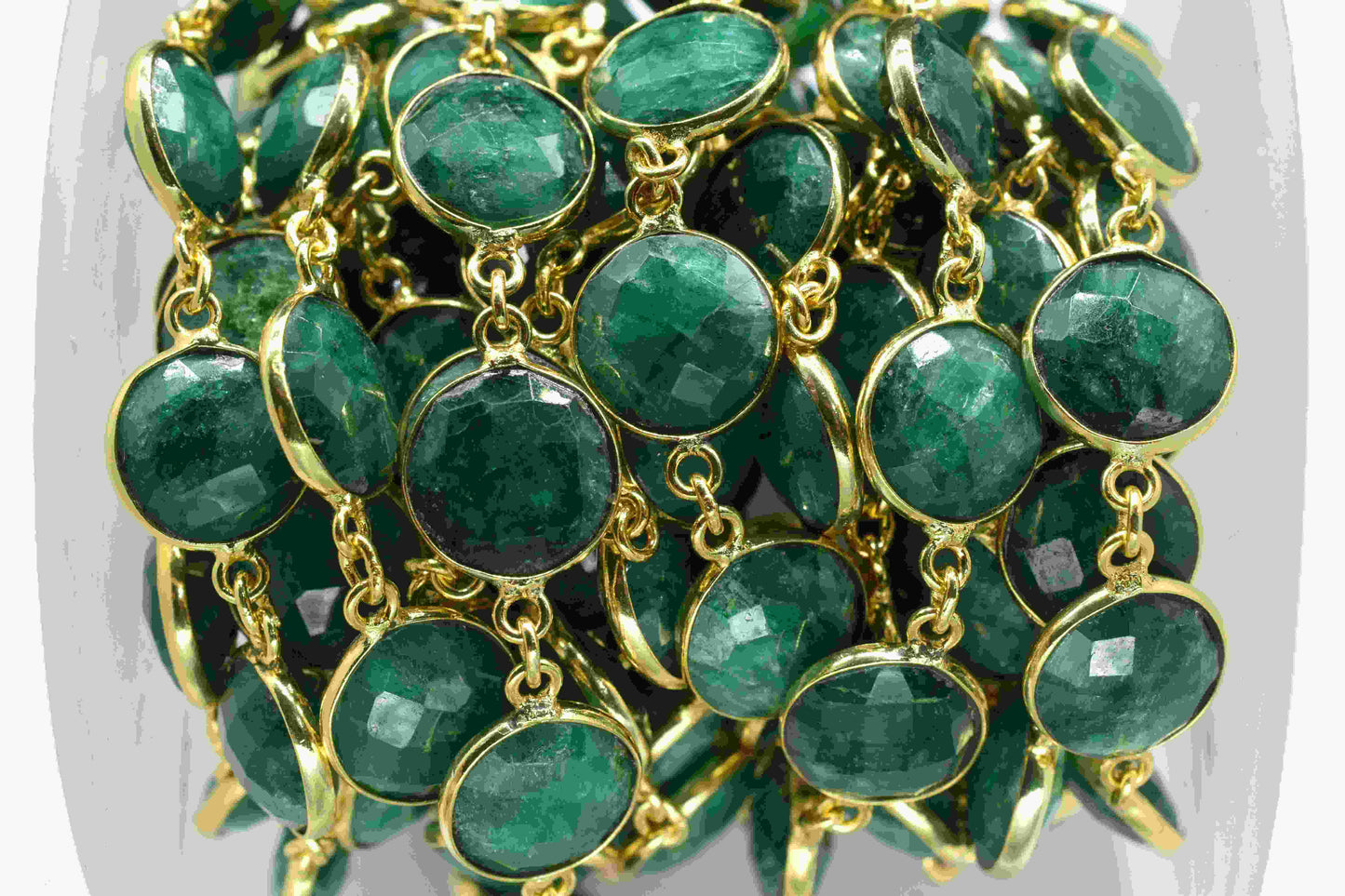 Natural Emerald 10mm Round Shape Faceted Bezels Chain,Gold Bezel Chain,Gemstone Bezels link Chain,Emerald Bezel Jewelry,Emerald Jewelry,Gift