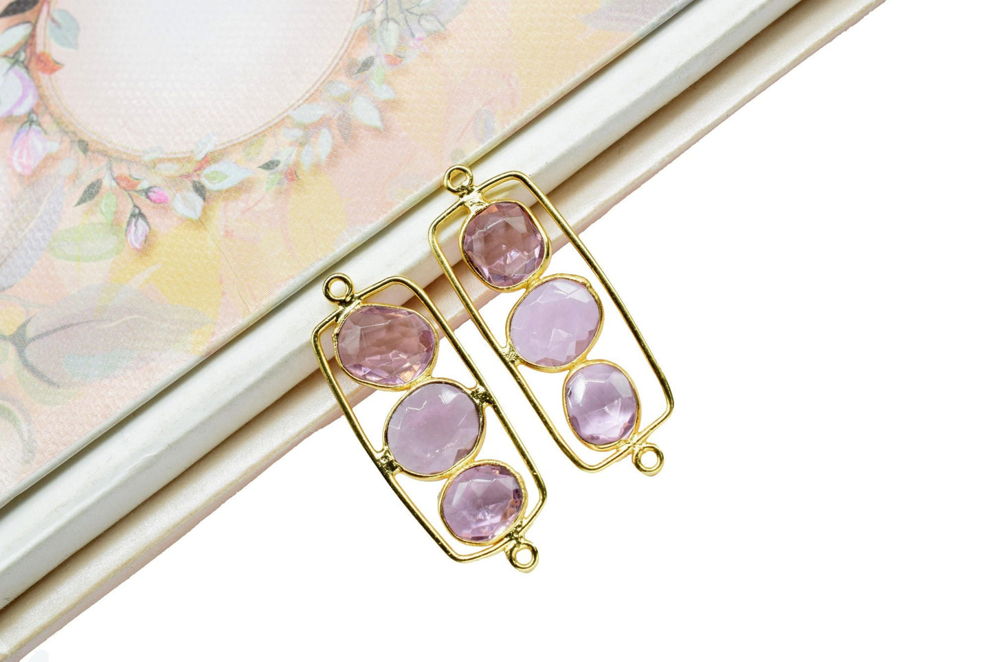 Pink Amethyst Quartz Finding Connector,Amethyst Quartz DangleCharm,Amethyst Gold Plated Double bail Connector,Pink Amethyst Gemstone Jewelry