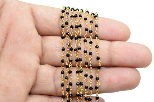 Black Spinel 2mm Rosary Style Beaded Chain, Black Spinel Faceted Beads Wire Wrapped Chain,Brass chains,Jewelry Making Chains,2mm Beads Chain