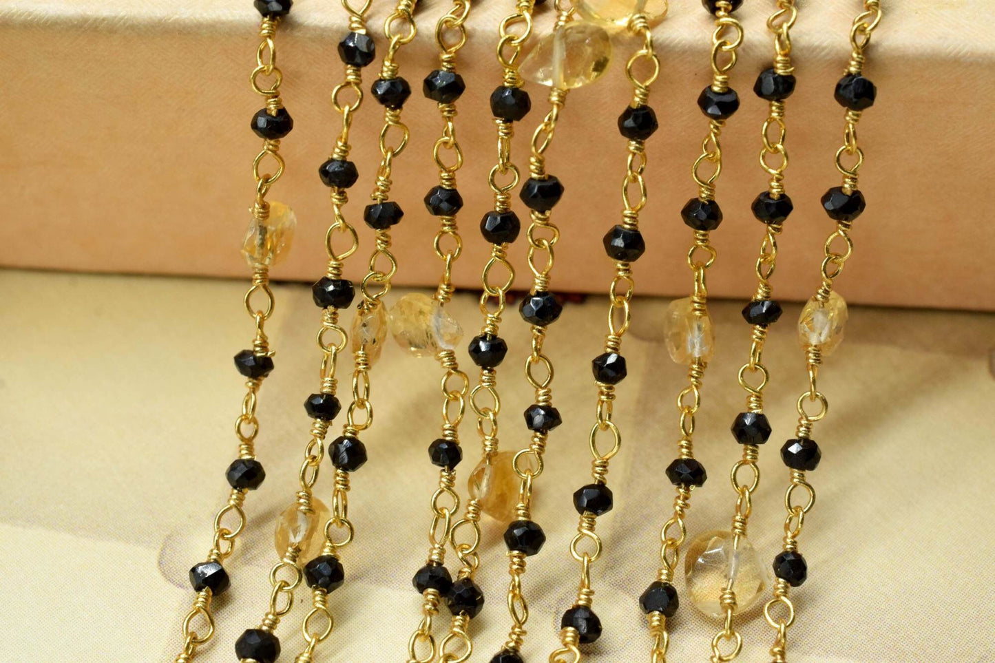 Black onyx Rosary Chain,Faceted Beaded Chain,Wire Wrapped gold Plated Chain,citrine briolette rosary,multi gemstone,handmade,jewelry making