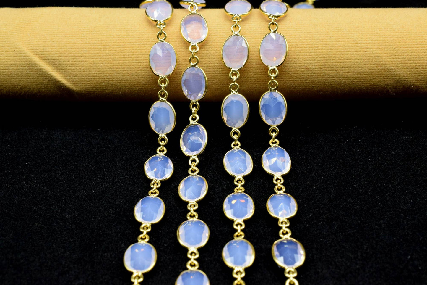 Pink Opalite Gold Plated Bezel Chain Gemstone Connector, Oval Necklace Chain,Bezel Connector Chain,Selling Per Foot,Jewelry making chains