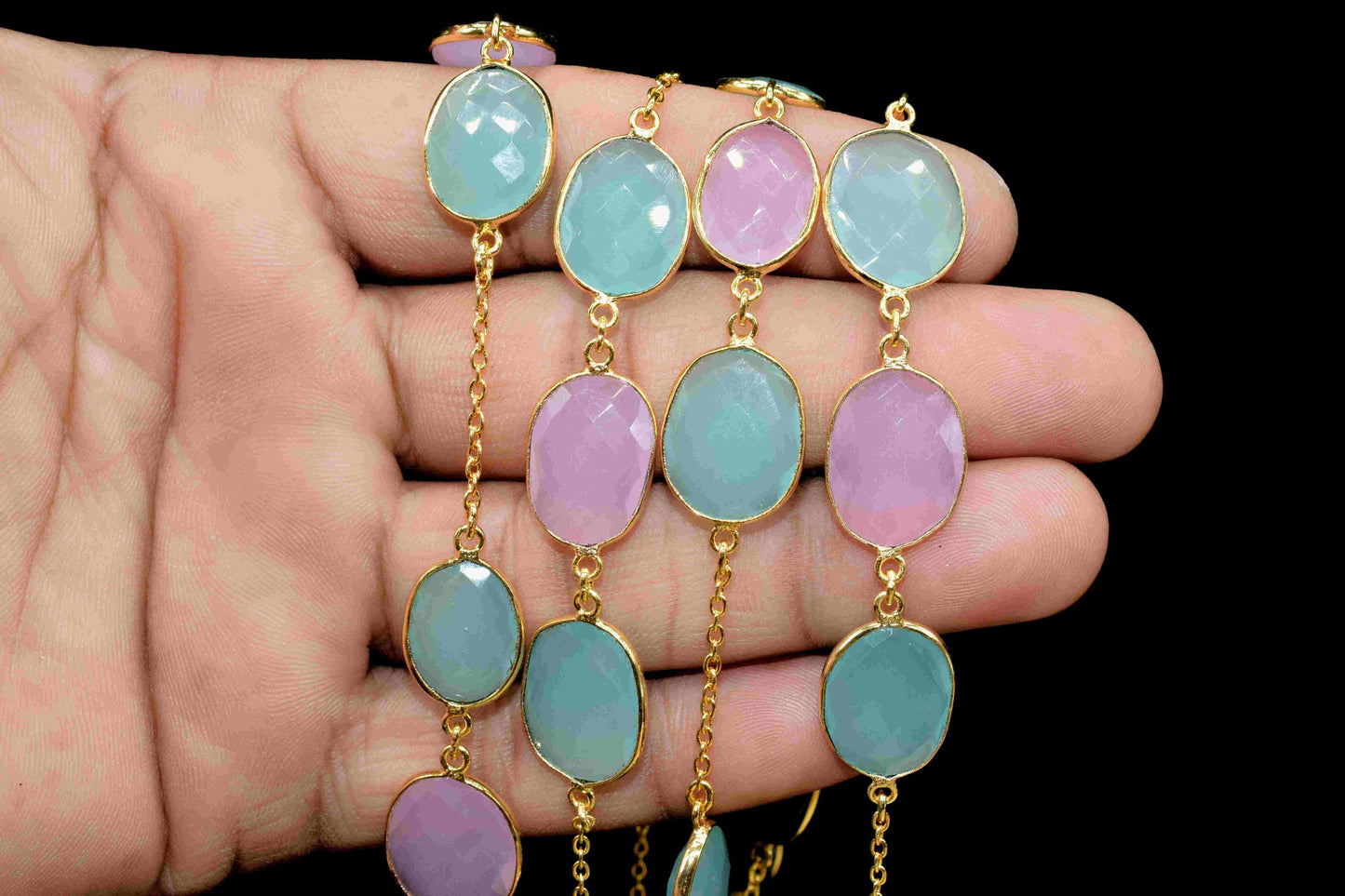 Aqua Chalcedony & Pink Chalcedony Oval Connector Chain,Gemstone Gold Plated Rosary Chain,Bezel chains, Chalcedony Gold Bezel Connector Chain