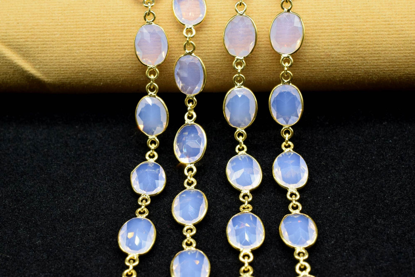 Pink Opalite Gold Plated Bezel Chain Gemstone Connector, Oval Necklace Chain,Bezel Connector Chain,Selling Per Foot,Jewelry making chains