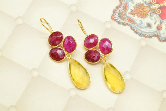 Natural Ruby Dangle Earrings,Citrine Drop Earring,Statement Earring,Handmade Jewelry,Gemstone Bezel Earring,Multi Stone Dangle Earring,Gift
