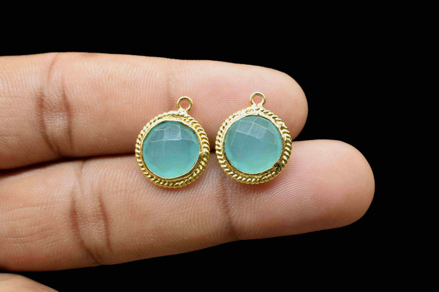 Aqua Chalcedony 10mm Round Shape Bezels Charms,Aqua Chalcedony Gold Plating Gemstone Bezel Connector,Aqua chalcedony Single Loop Charms,Gift