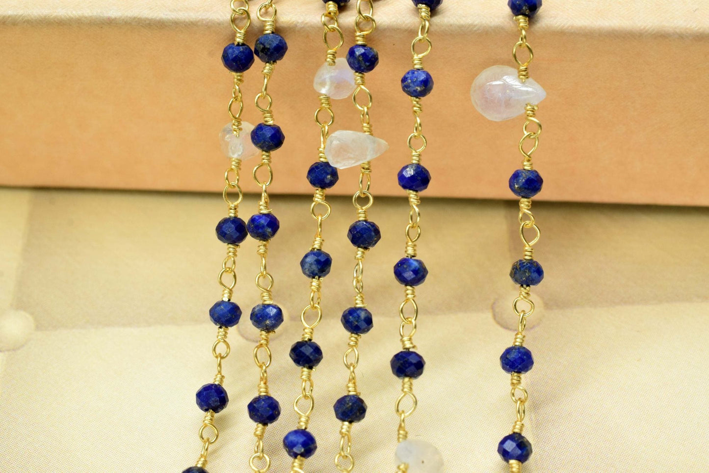 Natural lapis Wire Wrapped Beaded Chain 3mm Approx , moonstone drop Wire Wrapped Rosary Chain, gemstone rosary,gold plated rosary drop,