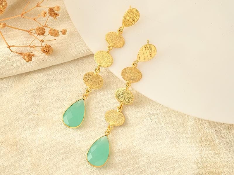 Aqua Chalcedony Dangle Earring/Gold Plated Earring/Aqua Gold Plated Earring/Wedding Jewelry/Texture Gold Plated Earring/Long Earring