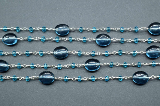 Blue toapz Smooth Oval Shape Chain,Blue toapz Silver Wire Plated Rosary Beaded Chain,Chain Per Foot,Gemstone Beads,Topaz Rosary Beaded Chain