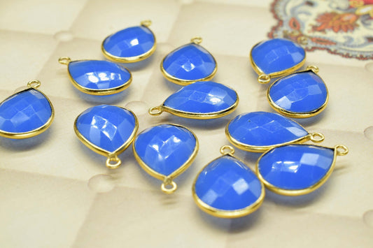 Blue Chalcedony 12x16mm Pear shape charm,blue Chalcedony Gold Plated Connector Jewelry,Blue Chalcedony Single Bail Connector,Blue Charm Gift