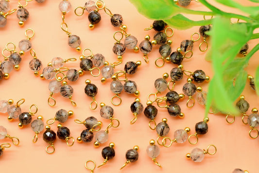 Black Rutilated Single wire wrapped Beads,Earring Components,Gold Plated Wire Wrapped Beads,Rutilated Faceted Beads,Rutile Dangle Beads,Gift