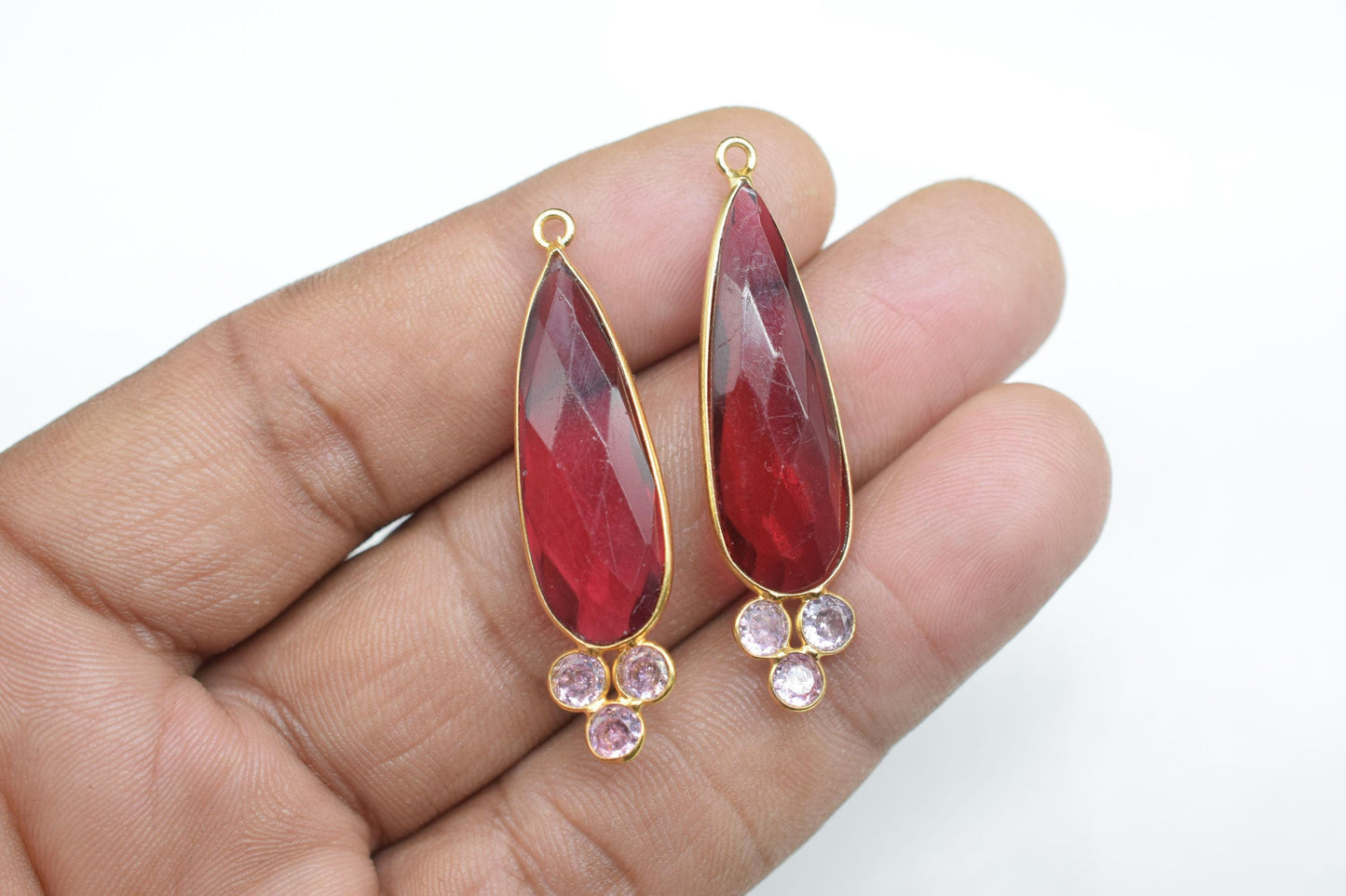 Pink Tourmaline 10x30mm Pear shape Bezel charms,Pink Quartz Pendant,Pink Gemstone connector,Pink Tourmaline Jewelry,Cubic Zircon Bezel,P121