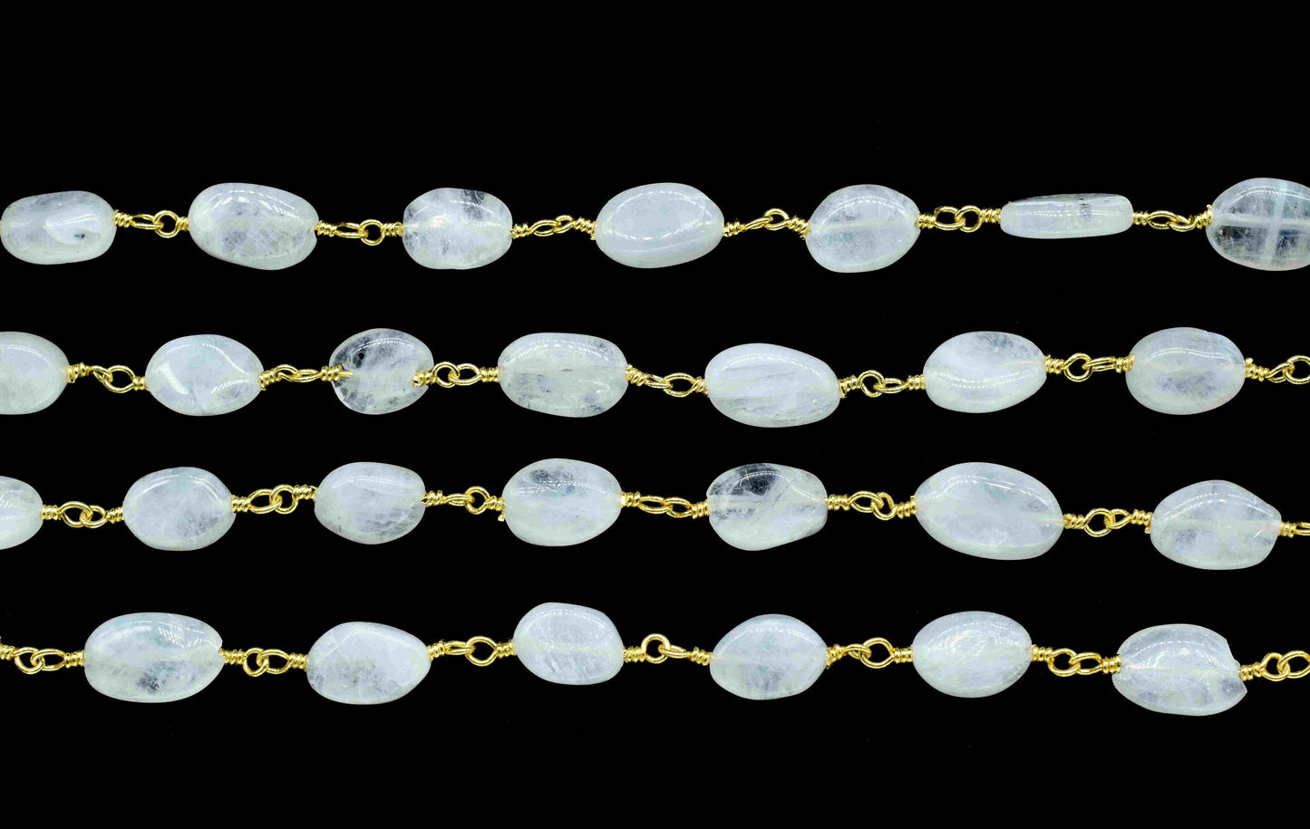 Moonstone Smooth Oval Beaded Link Chain,Rainbow Gemstone Chains By the Foot for Rosary Necklace Jewelry,Rainbow Moonstone Gold Rosary Chain