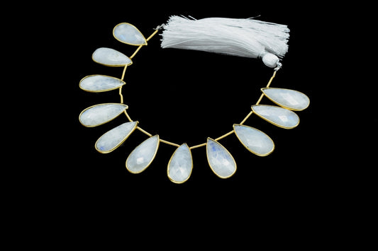 Moonstone Faceted Pear Shape 8x20mm 11 pieces strand,Moonstone Teardrop pendant,Moonstone Gold Plated bezel,jewelry making charms crafts,