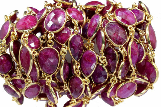 Natural Ruby Faceted Connectors, Gold Bezel Chain,Free Size Gemstone Connector,Handmade Station Bezel Link Chain,Ruby Bezel Jewelry,Gift for