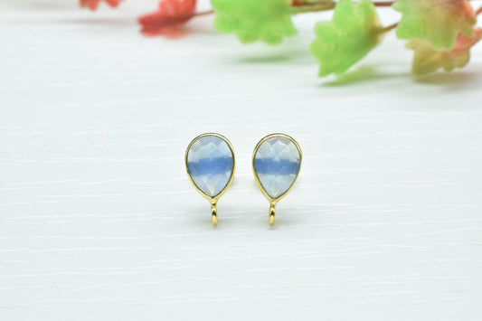 Blue Chalcedony 7x10mm Teardrop shape Earring connector Stud post setting with loop open bail, Blue Chalcedony Gold Plated Earring With Loop