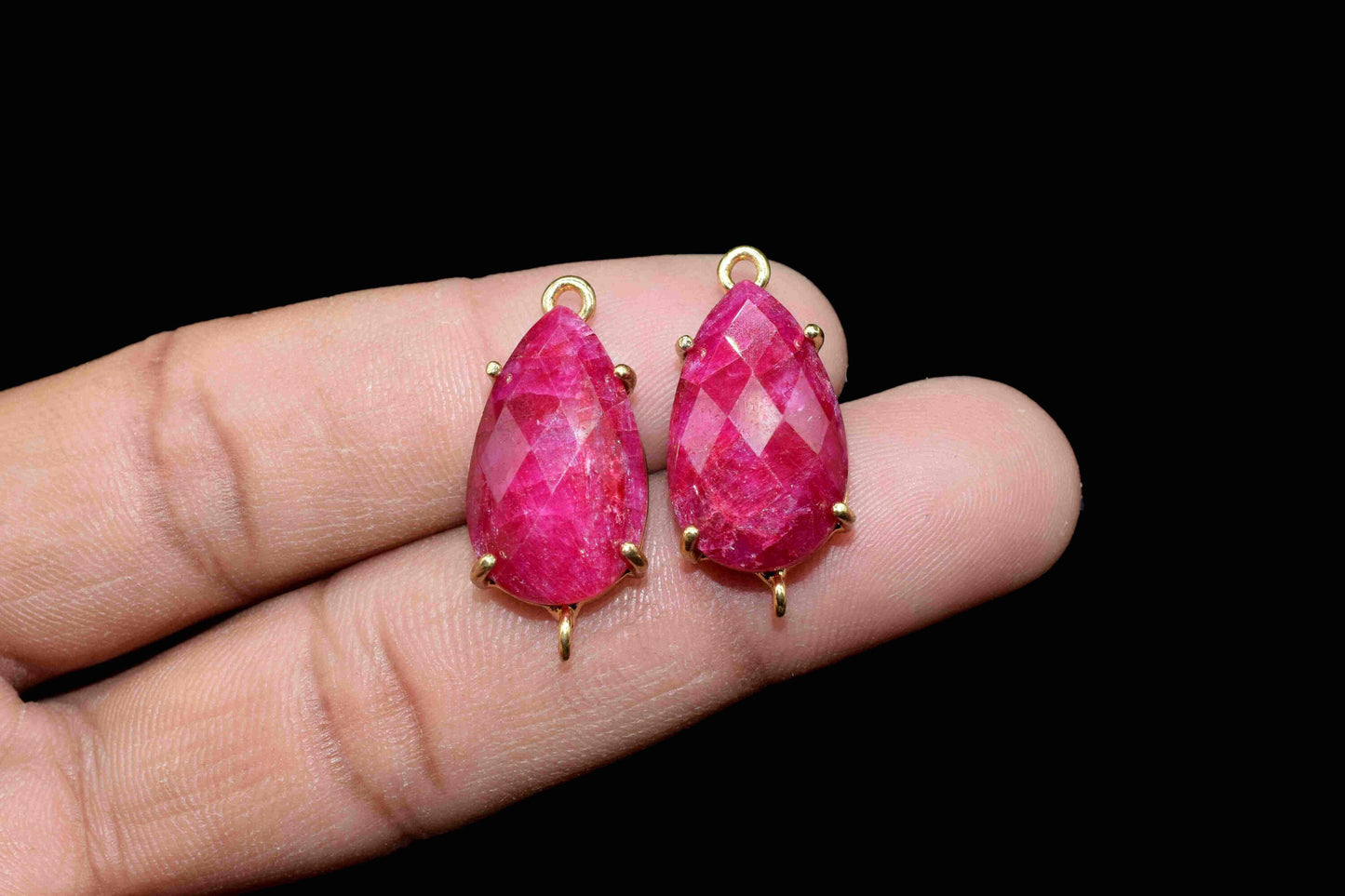 Natural Ruby Connector,Ruby jewelry meking,Prong Set Bezel Pendant,12x20mm Teardrop Bezel,double bail connectors,Handmade Gemstone Bezel
