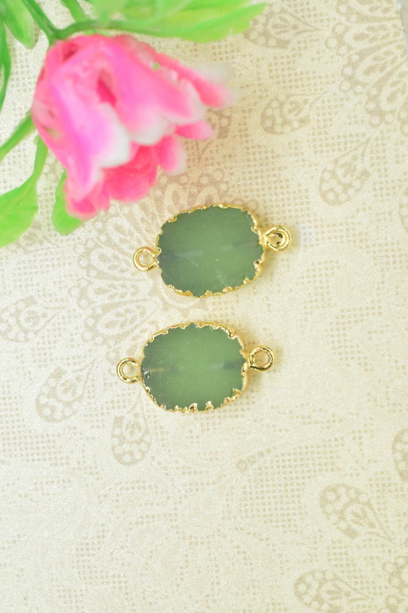 Prehnite Electroplated Pendants,Handmade Cabechon Pendant Charm necklace,Oval Shape Pendant Jewelry,Gemstone Double Bail Connectors,Gift